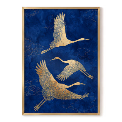 Gilded Cranes in Flight, blue, gold, beige nature wall art, front artwork view