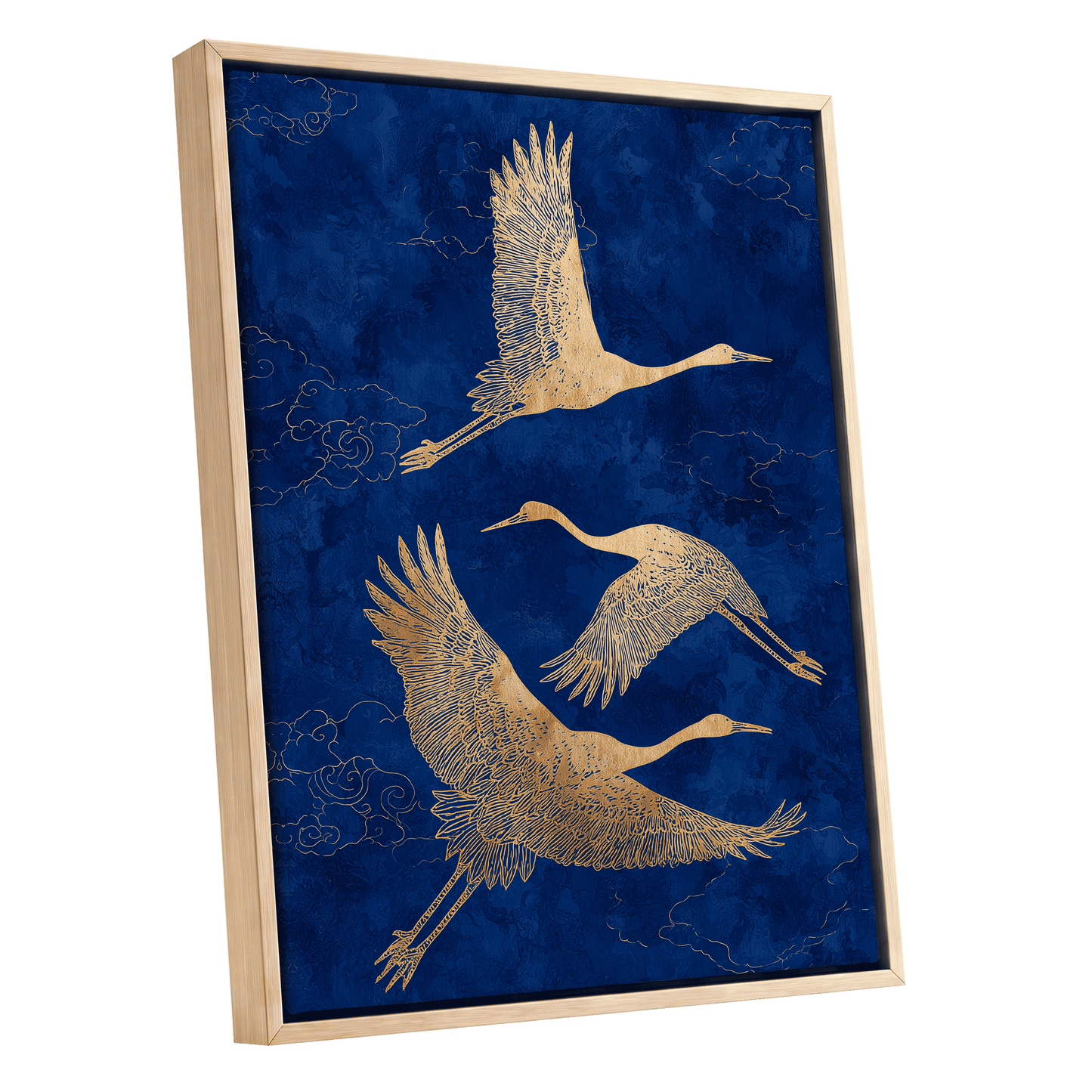 Gilded Cranes in Flight, blue, gold, beige nature wall art shown as a oak framed canvas wall art