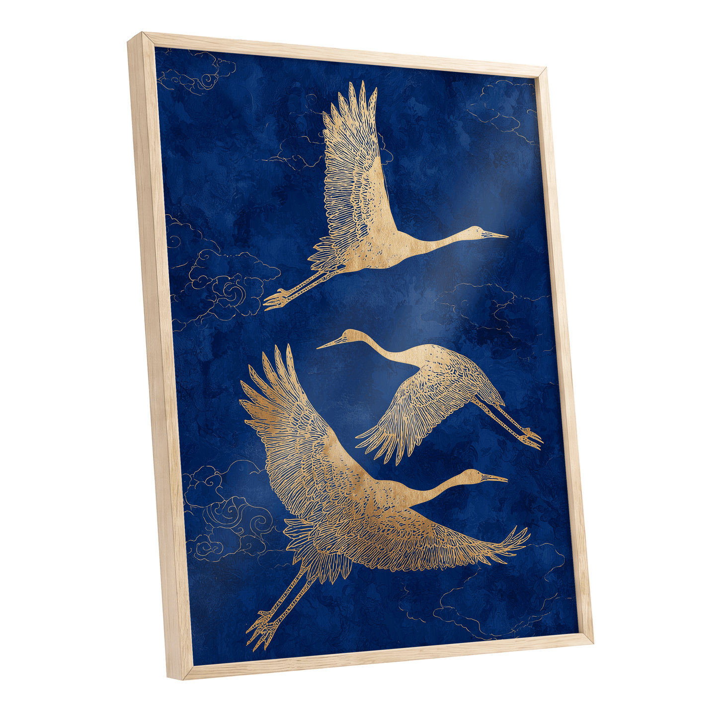 Gilded Cranes in Flight, blue, gold, beige nature wall art shown as a oak framed poster wall art print
