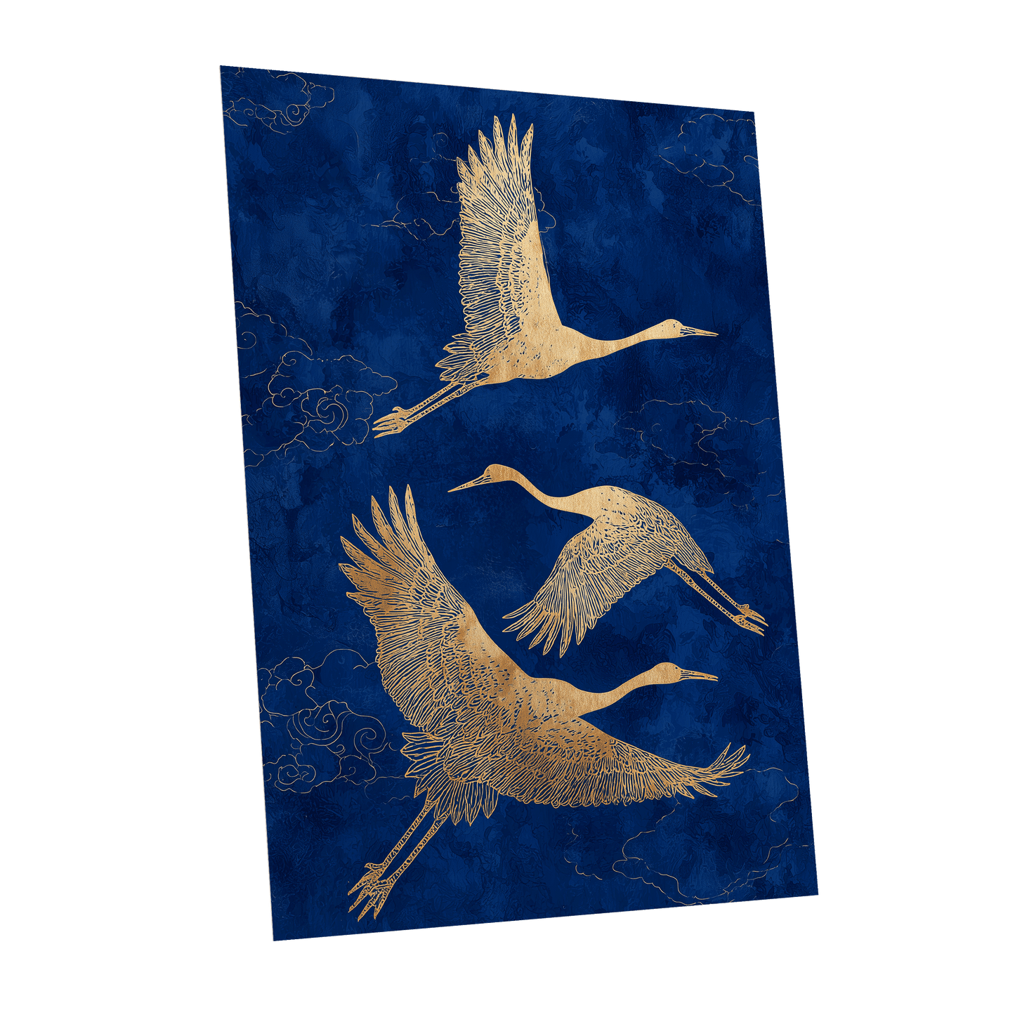 Gilded Cranes in Flight, blue, gold, beige nature wall art shown as a unframed poster wall art print