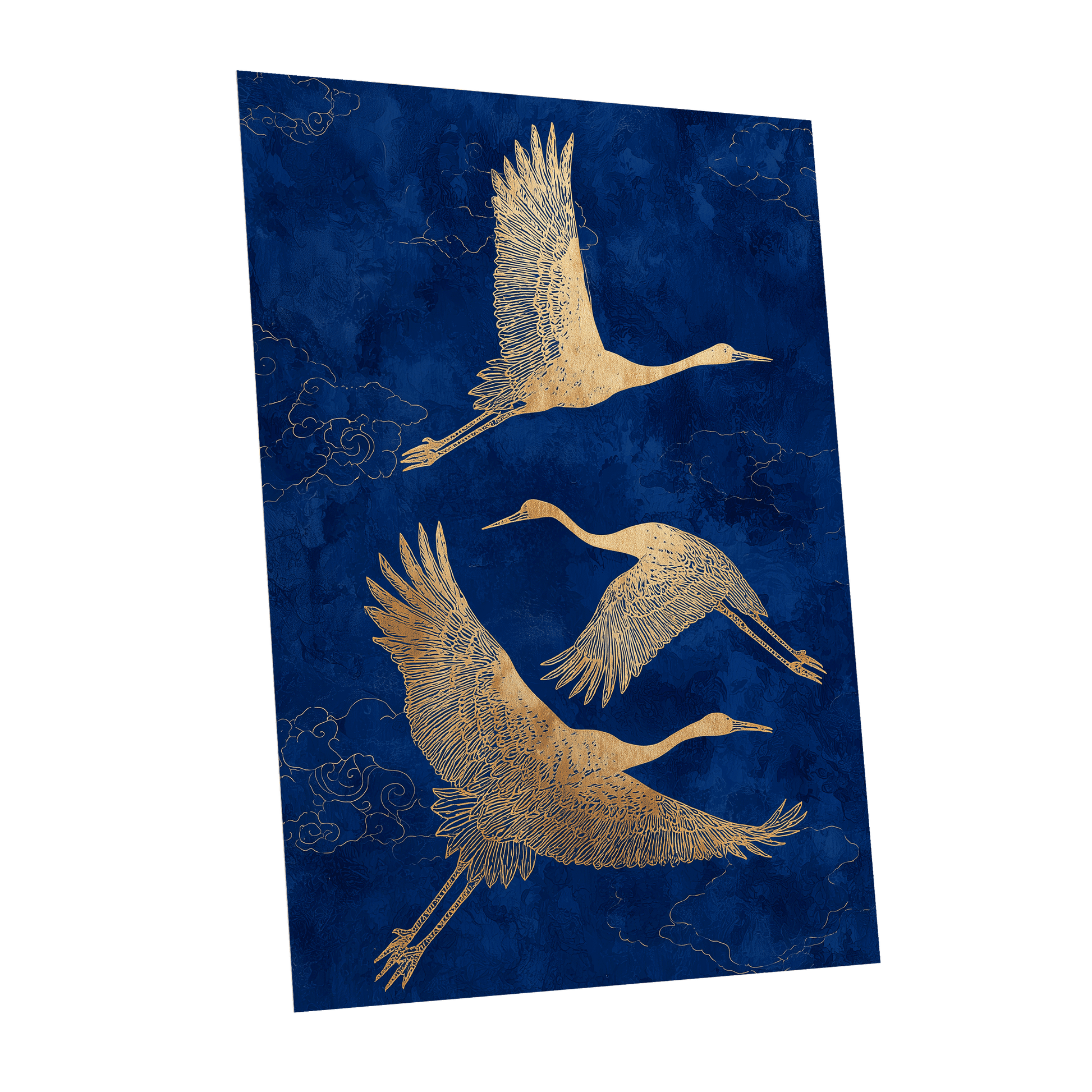 Gilded Cranes in Flight, blue, gold, beige nature wall art shown as a unframed poster wall art print