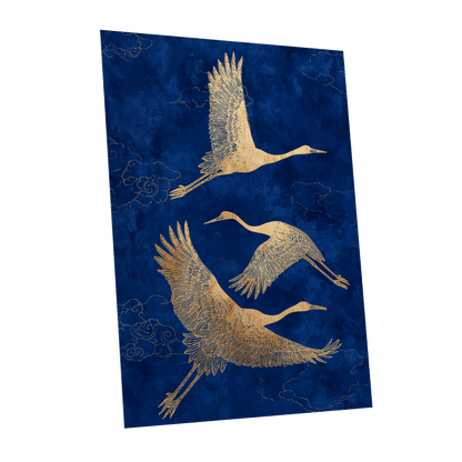 Gilded Cranes in Flight, blue, gold, beige nature wall art shown as a unframed poster wall art print