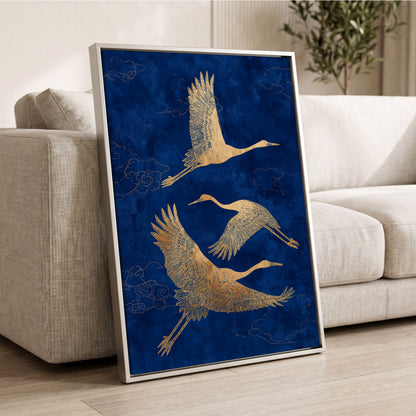 Gilded Cranes in Flight, blue, gold, beige nature wall art displayed in a styled interior, gallery view 2