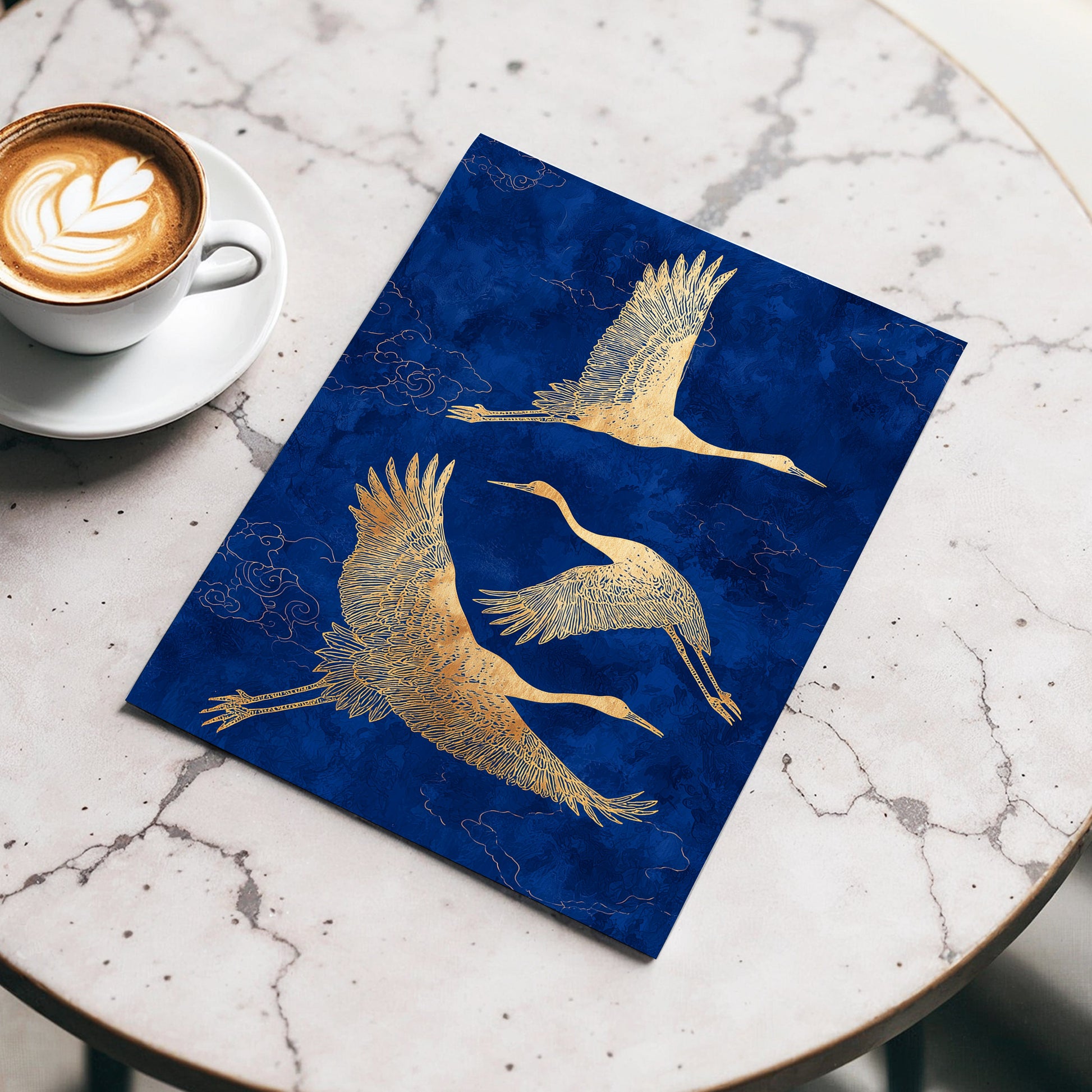Gilded Cranes in Flight, blue, gold, beige nature wall art displayed in a styled interior, gallery view 3