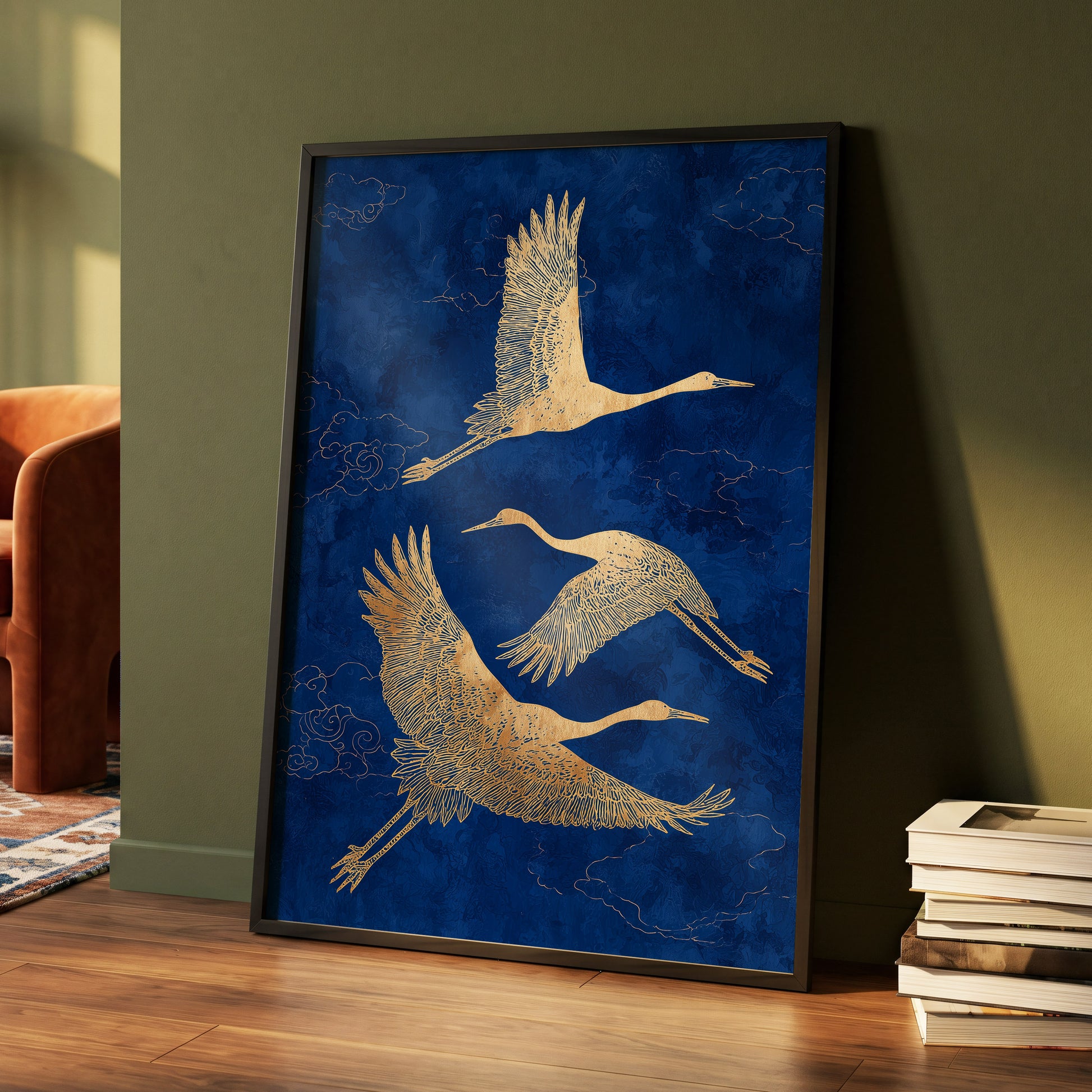 Gilded Cranes in Flight, blue, gold, beige nature wall art displayed in a styled interior, gallery view 4
