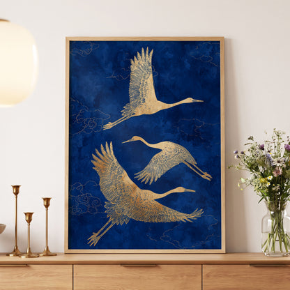 Gilded Cranes in Flight, blue, gold, beige nature wall art displayed in a styled interior, gallery view 5