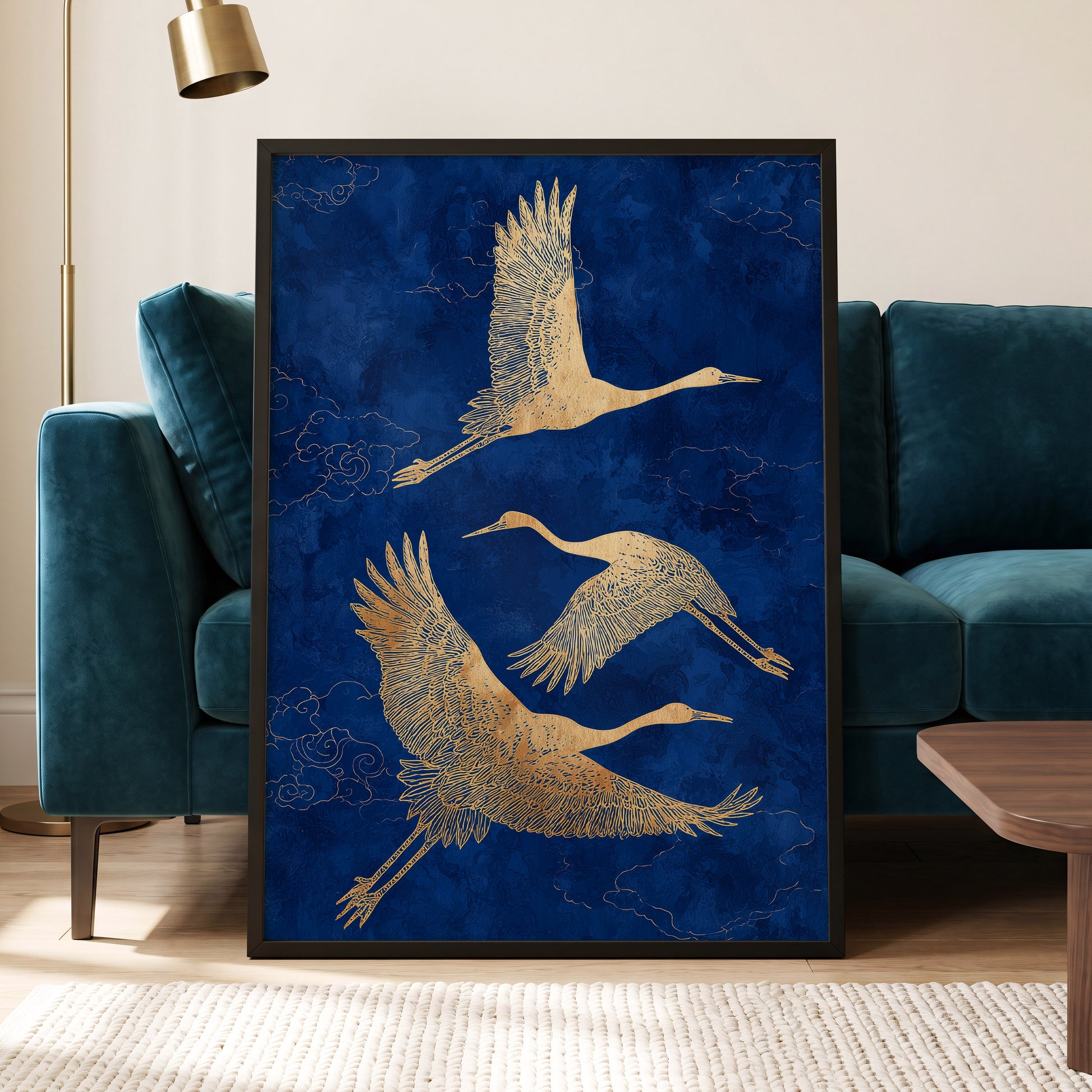 Gilded Cranes in Flight, blue, gold, beige nature wall art displayed in a styled interior, gallery view 6