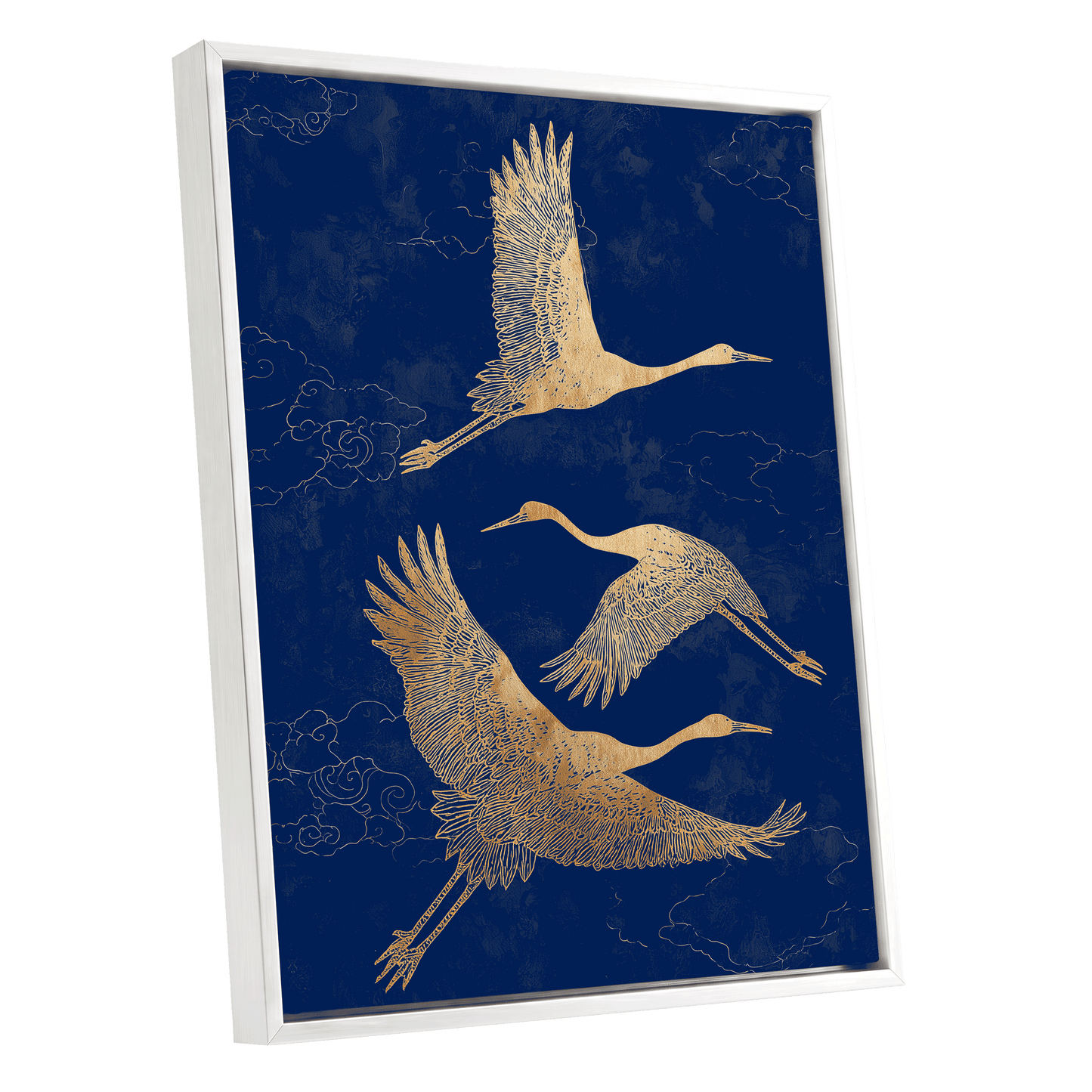 Gilded Cranes in Flight, blue, gold, beige nature wall art shown as a white framed canvas wall art