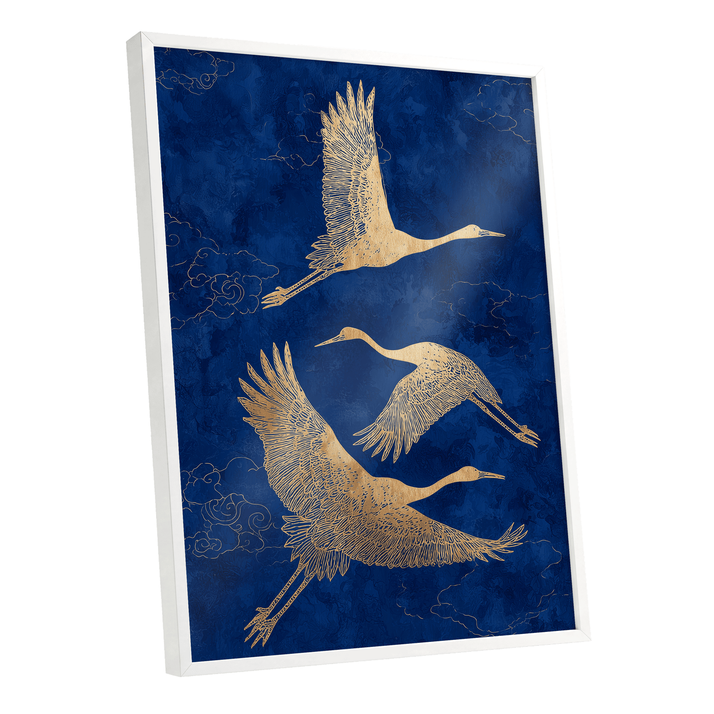 Gilded Cranes in Flight, blue, gold, beige nature wall art shown as a white framed poster wall art print