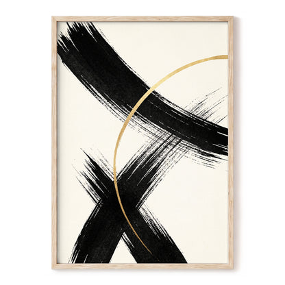 Gilded Crossing, black, beige, gold abstract wall art, front artwork view