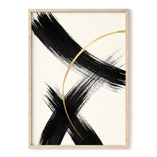 Gilded Crossing, black, beige, gold abstract wall art, front artwork view
