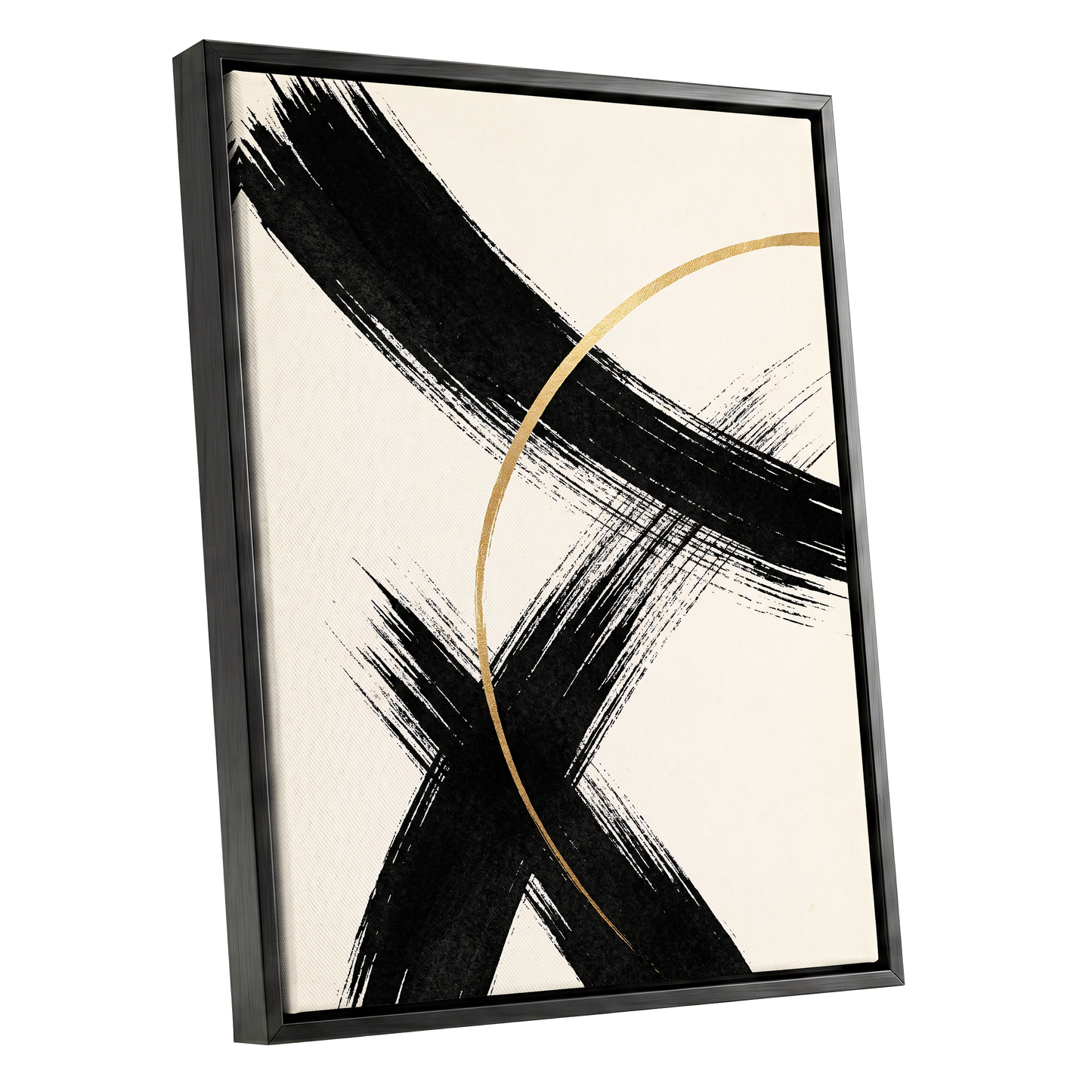 Gilded Crossing, black, beige, gold abstract wall art shown as a black framed canvas wall art