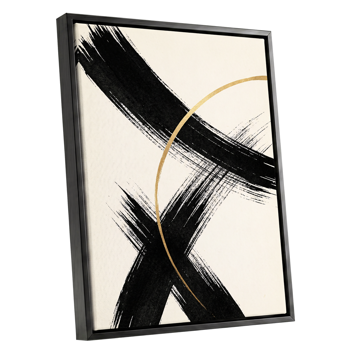 Gilded Crossing, black, beige, gold abstract wall art shown as a black framed canvas wall art
