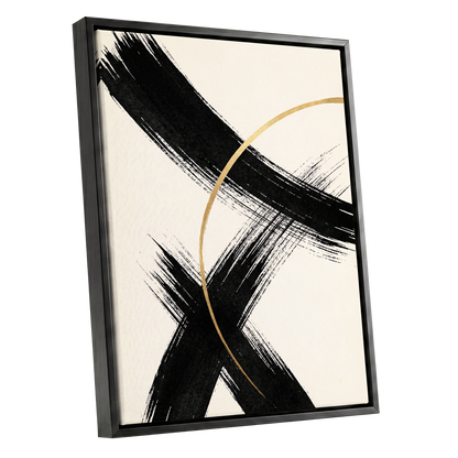 Gilded Crossing, black, beige, gold abstract wall art shown as a black framed canvas wall art