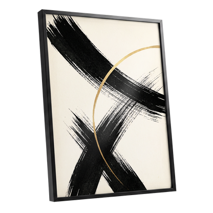 Gilded Crossing, black, beige, gold abstract wall art shown as a black framed poster wall art print