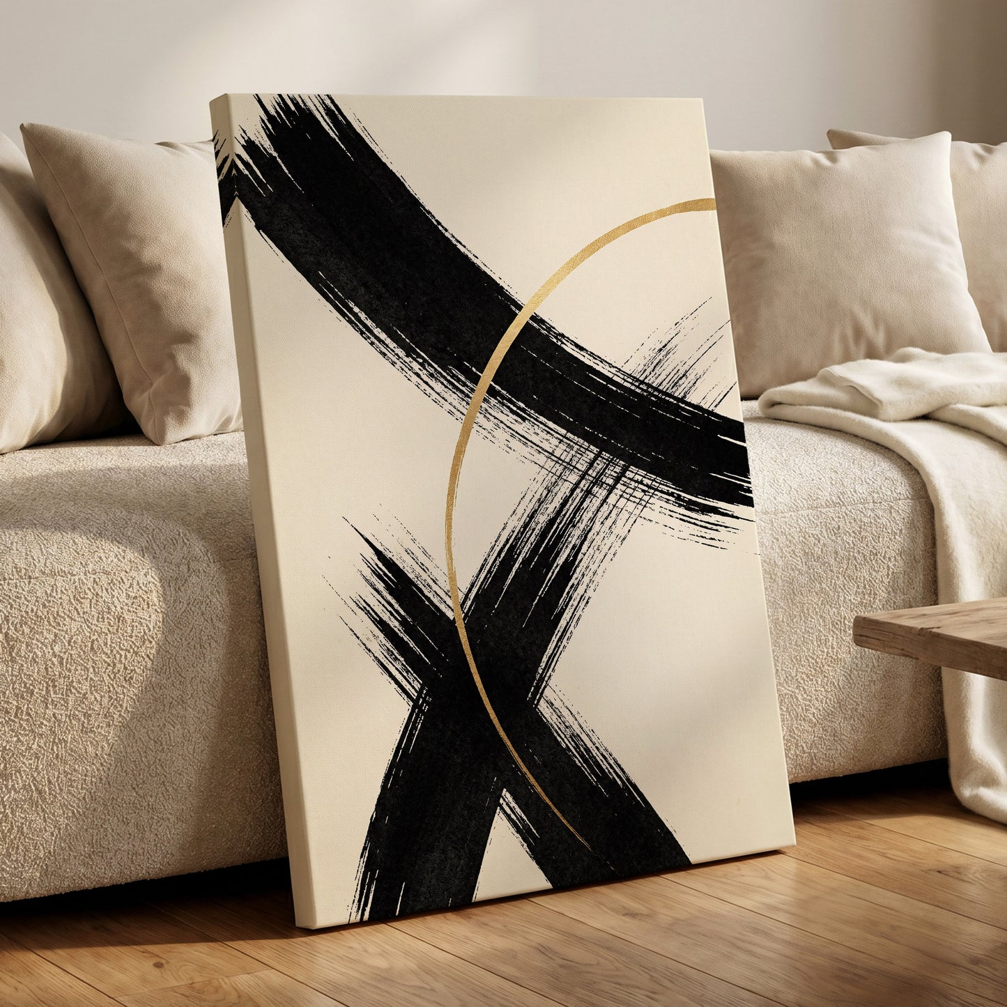 Gilded Crossing, black, beige, gold abstract wall art on canvas displayed in a styled interior, gallery view 1