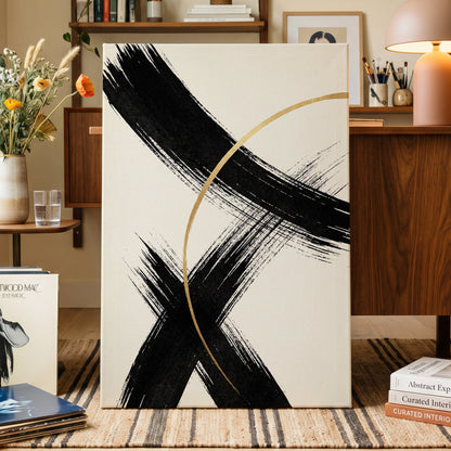 Gilded Crossing, black, beige, gold abstract wall art on canvas displayed in a styled interior, gallery view 2