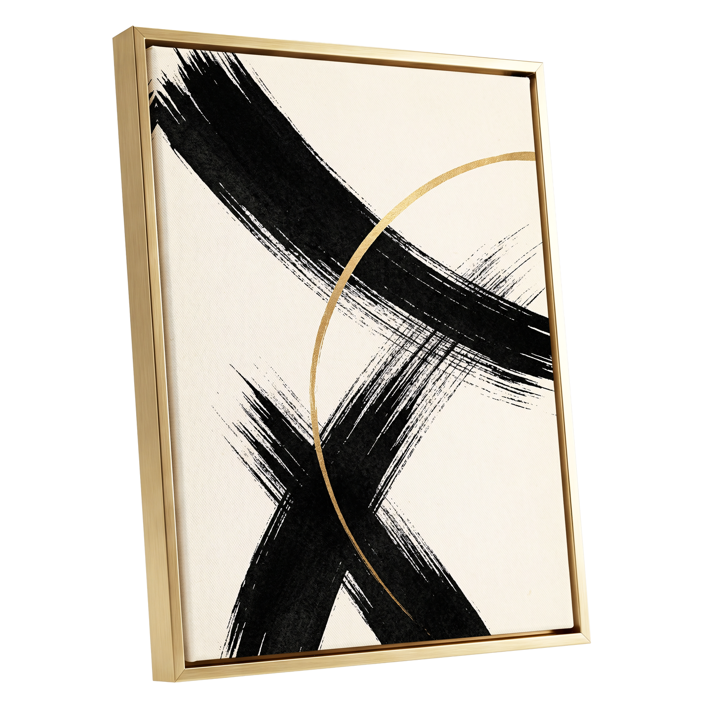 Gilded Crossing, black, beige, gold abstract wall art shown as a gold framed canvas wall art