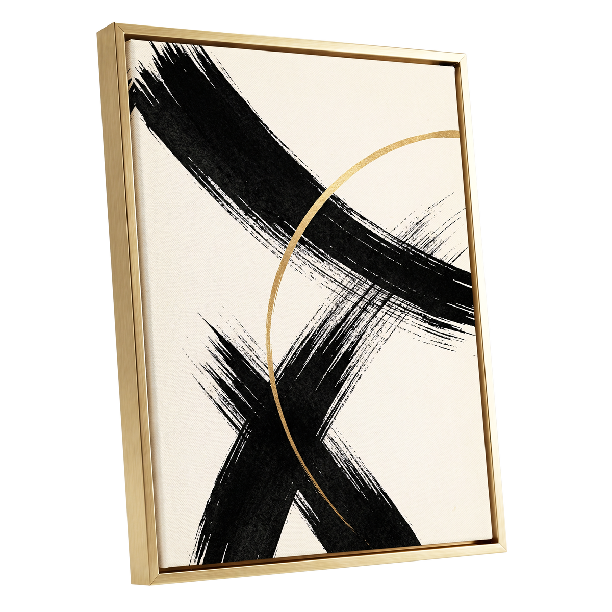 Gilded Crossing, black, beige, gold abstract wall art shown as a gold framed canvas wall art