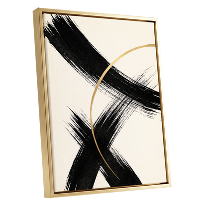 Gilded Crossing, black, beige, gold abstract wall art shown as a gold framed canvas wall art
