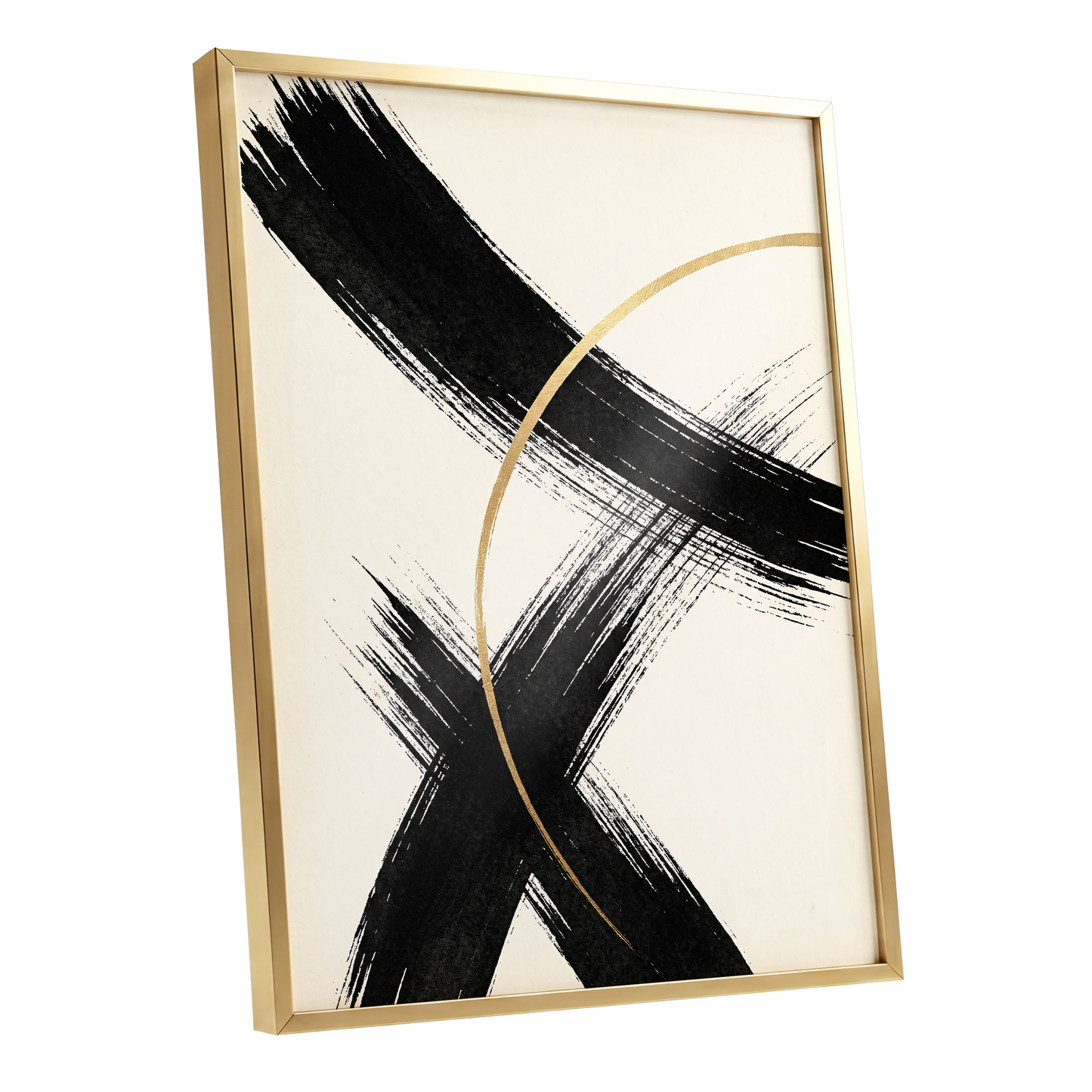 Gilded Crossing, black, beige, gold abstract wall art shown as a gold framed poster wall art print