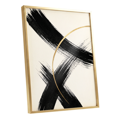 Gilded Crossing, black, beige, gold abstract wall art shown as a gold framed poster wall art print
