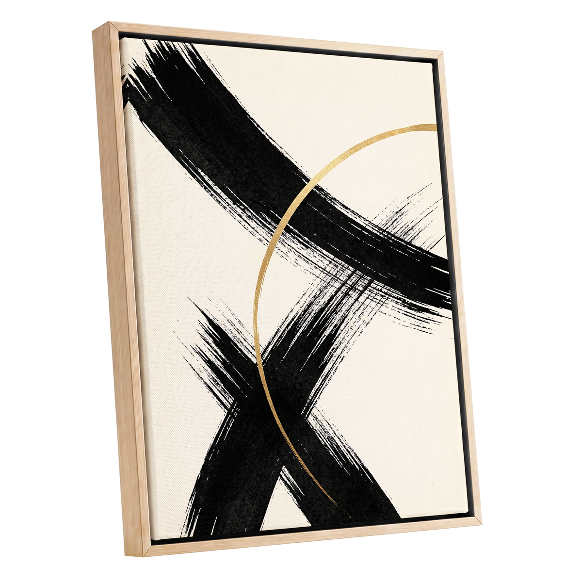 Gilded Crossing, black, beige, gold abstract wall art shown as a oak framed canvas wall art
