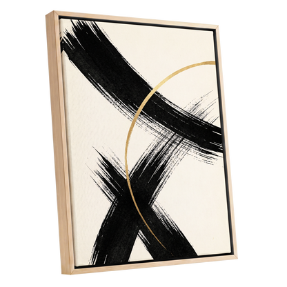 Gilded Crossing, black, beige, gold abstract wall art shown as a oak framed canvas wall art