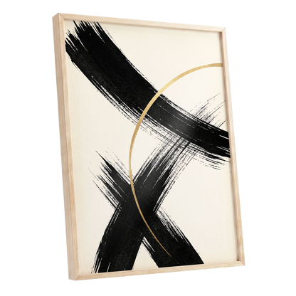 Gilded Crossing, black, beige, gold abstract wall art shown as a oak framed poster wall art print