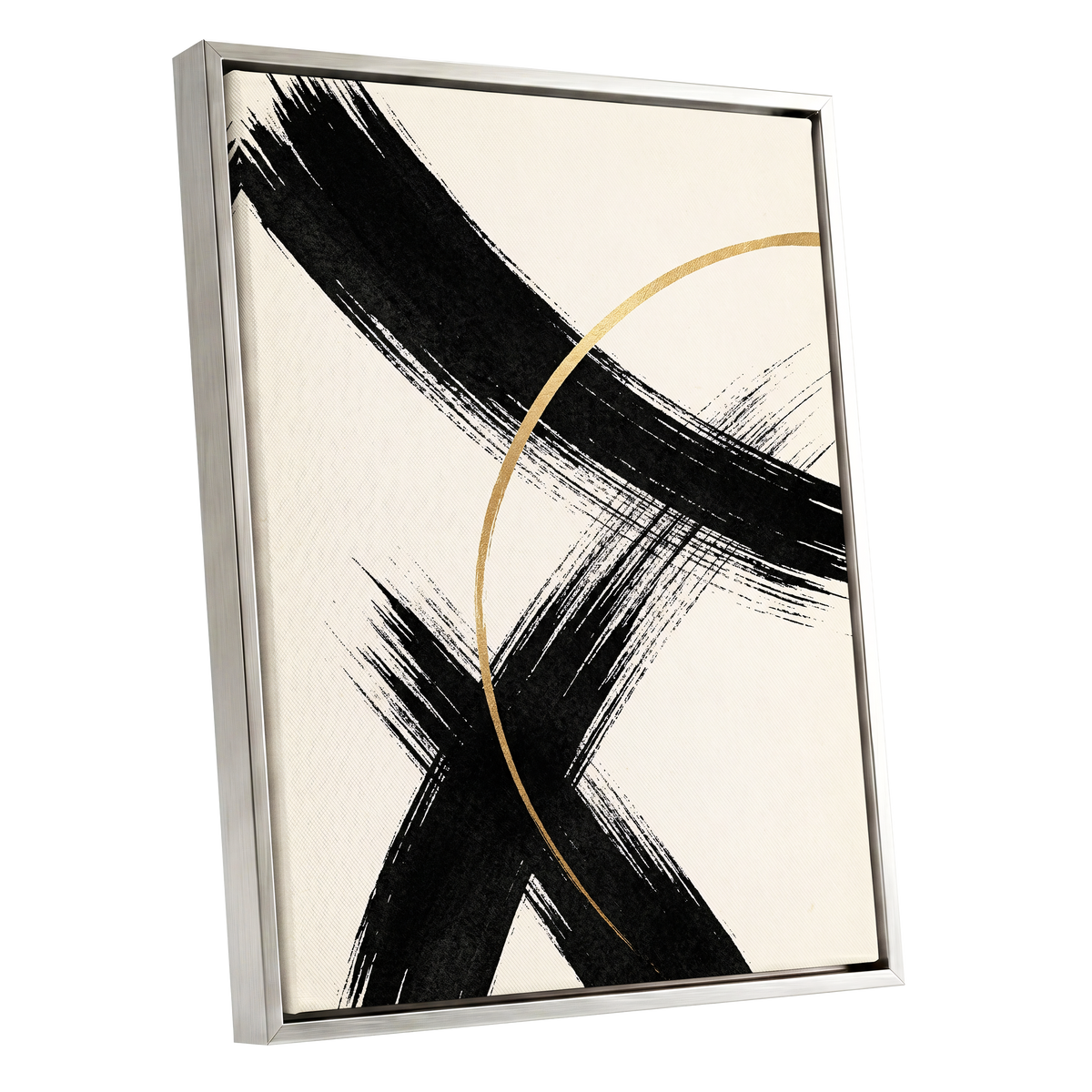 Gilded Crossing, black, beige, gold abstract wall art shown as a silver framed canvas wall art