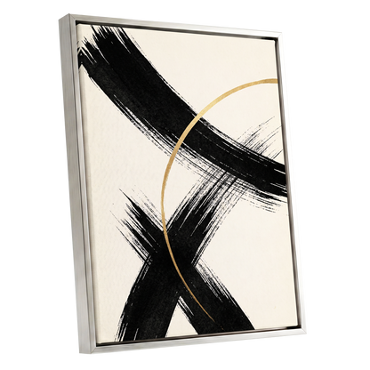 Gilded Crossing, black, beige, gold abstract wall art shown as a silver framed canvas wall art