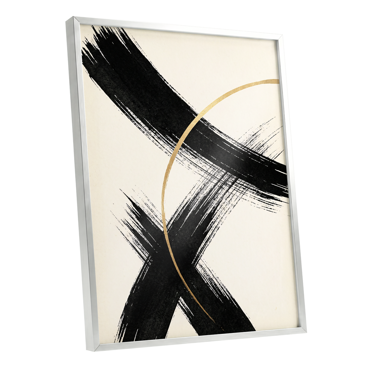 Gilded Crossing, black, beige, gold abstract wall art shown as a silver framed poster wall art print