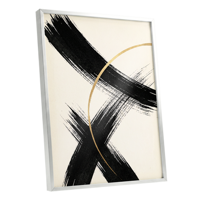 Gilded Crossing, black, beige, gold abstract wall art shown as a silver framed poster wall art print