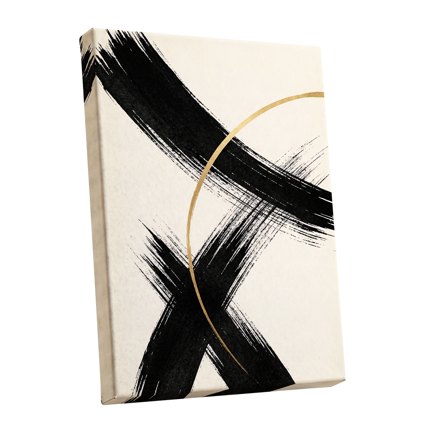 Gilded Crossing, black, beige, gold abstract wall art shown as a stretched canvas wall art