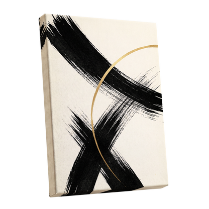 Gilded Crossing, black, beige, gold abstract wall art shown as a stretched canvas wall art