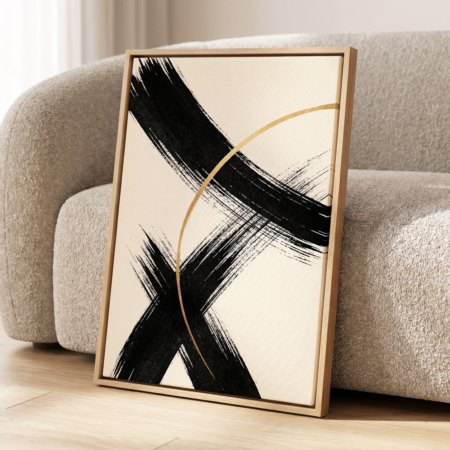 Gilded Crossing, black, beige, gold abstract wall art displayed in a styled interior, gallery view 1