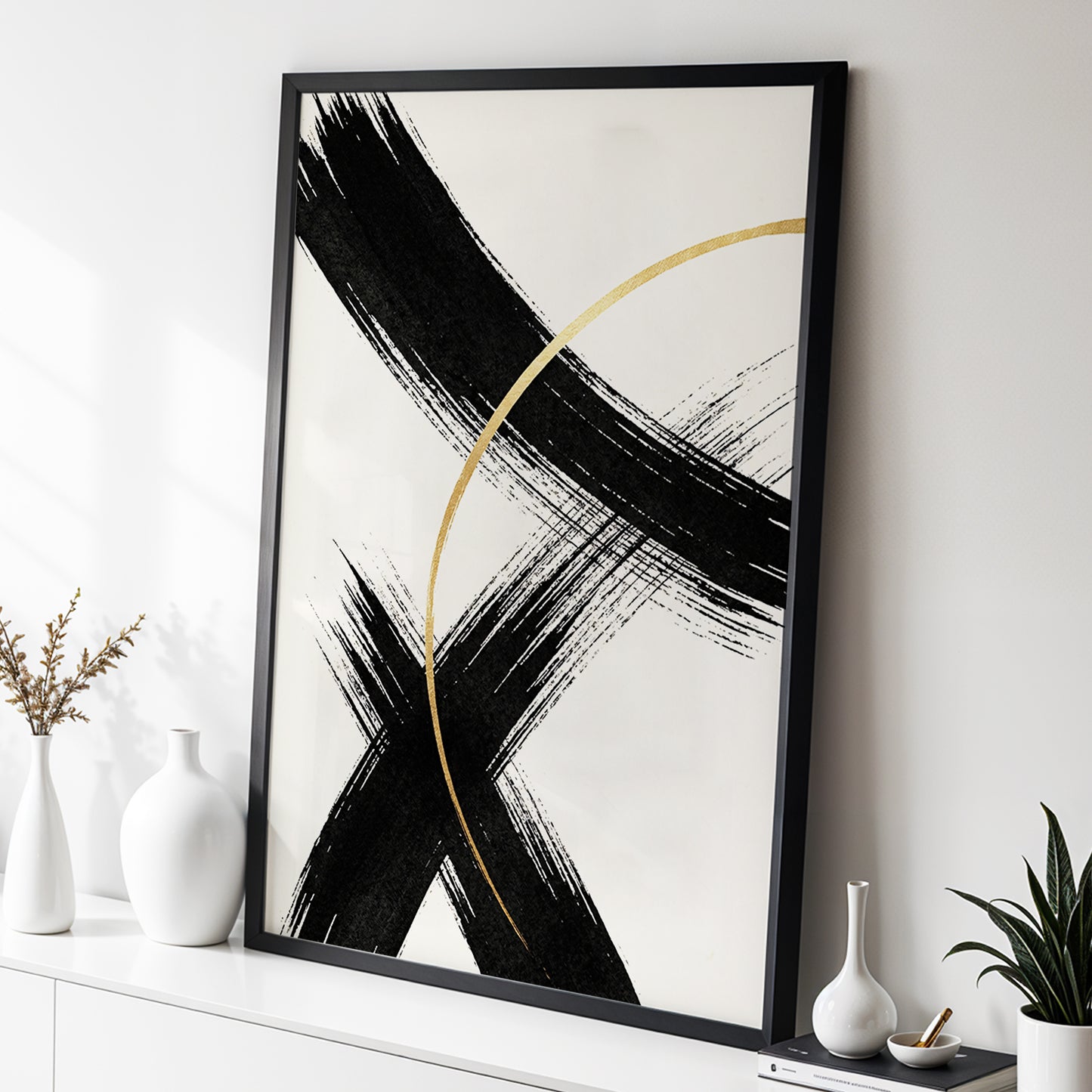 Gilded Crossing, black, beige, gold abstract wall art displayed in a styled interior, gallery view 2