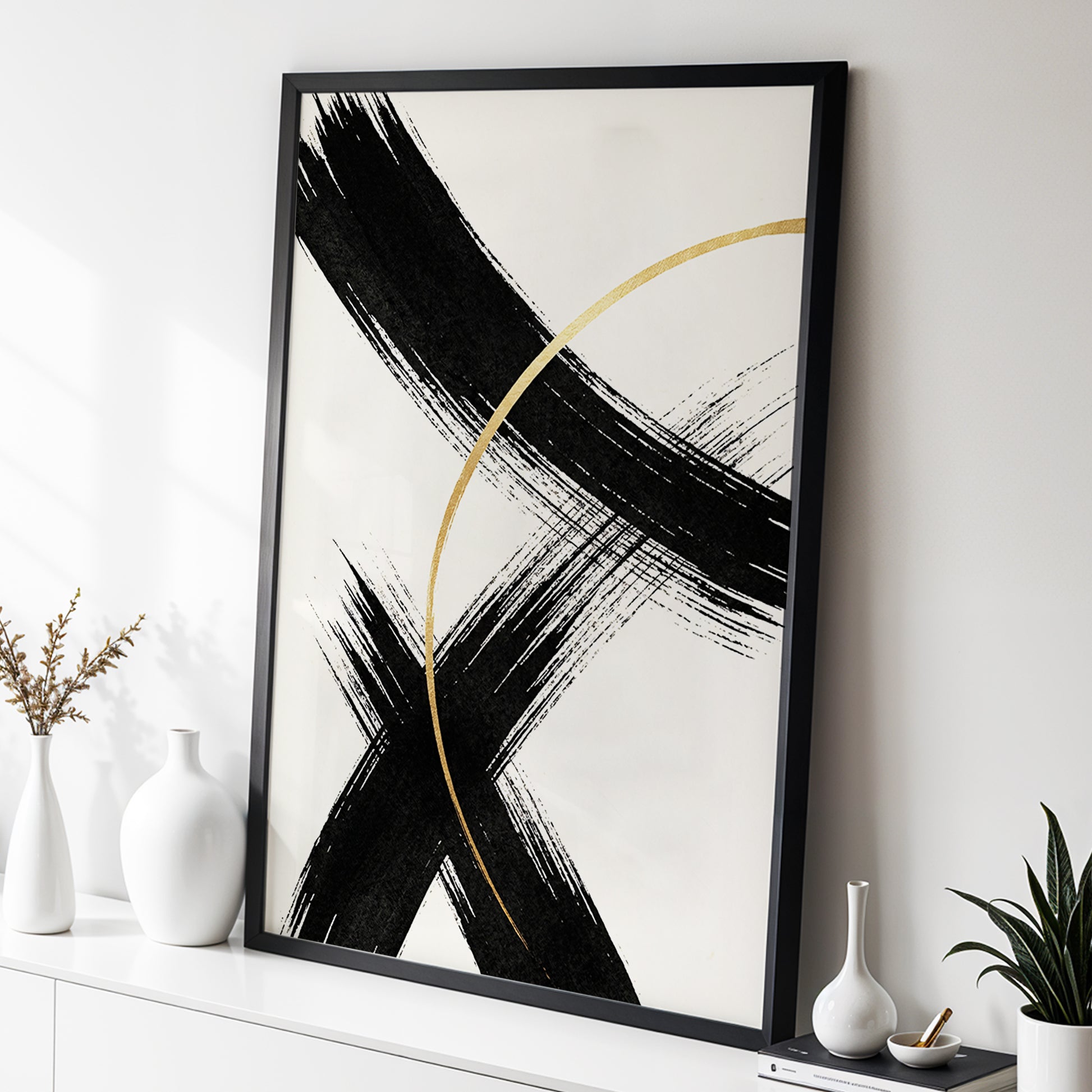 Gilded Crossing, black, beige, gold abstract wall art displayed in a styled interior, gallery view 2