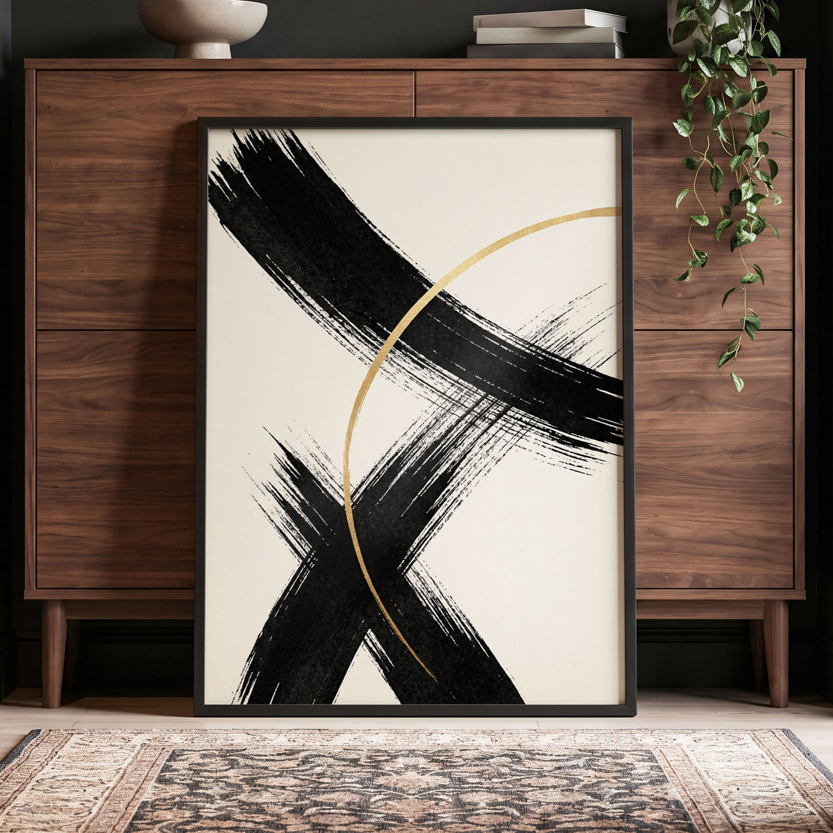 Gilded Crossing, black, beige, gold abstract wall art displayed in a styled interior, gallery view 4