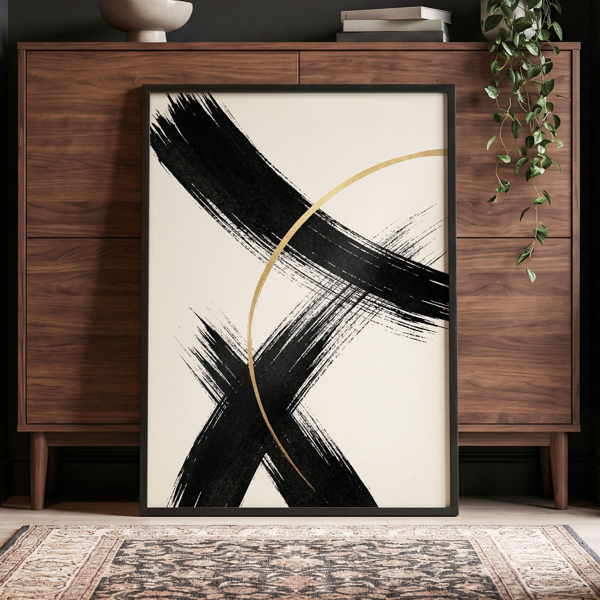 Gilded Crossing, black, beige, gold abstract wall art displayed in a styled interior, gallery view 4