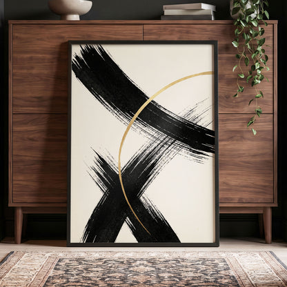 Gilded Crossing, black, beige, gold abstract wall art displayed in a styled interior, gallery view 4