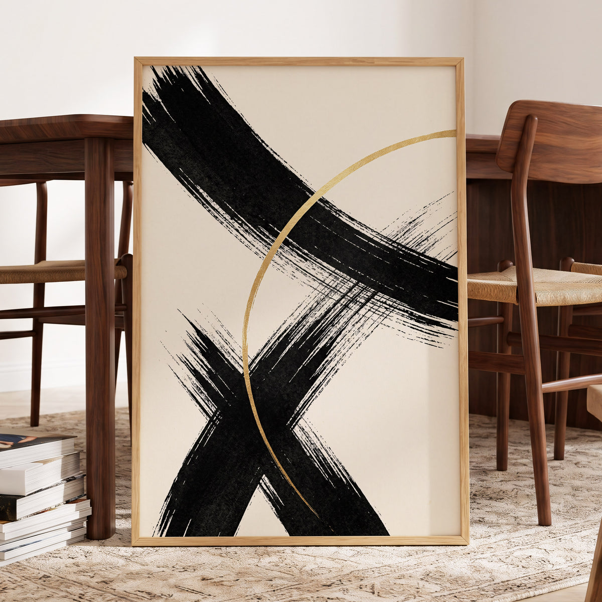 Gilded Crossing, black, beige, gold abstract wall art displayed in a styled interior, gallery view 5