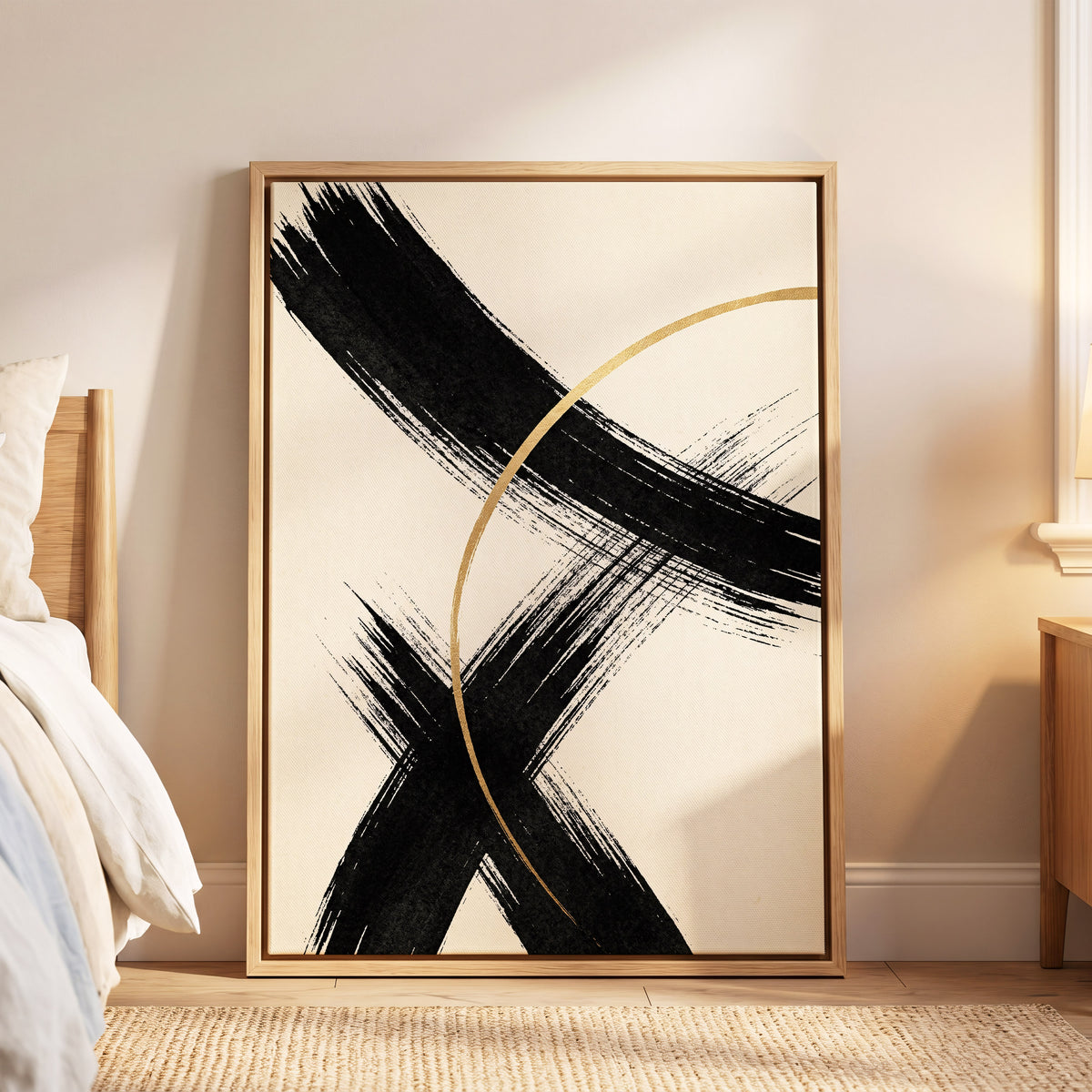 Gilded Crossing, black, beige, gold abstract wall art displayed in a styled interior, gallery view 6