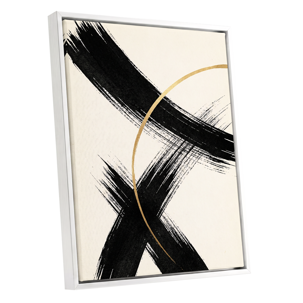 Gilded Crossing, black, beige, gold abstract wall art shown as a white framed canvas wall art