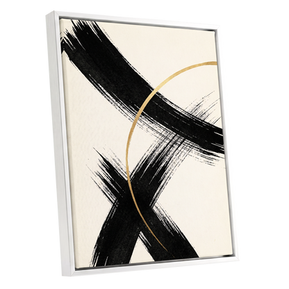 Gilded Crossing, black, beige, gold abstract wall art shown as a white framed canvas wall art