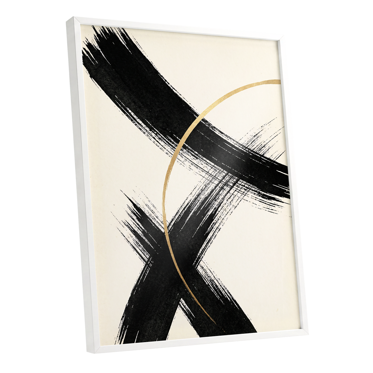 Gilded Crossing, black, beige, gold abstract wall art shown as a white framed poster wall art print