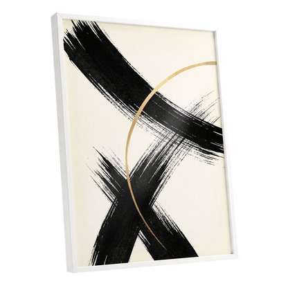 Gilded Crossing, black, beige, gold abstract wall art shown as a white framed poster wall art print