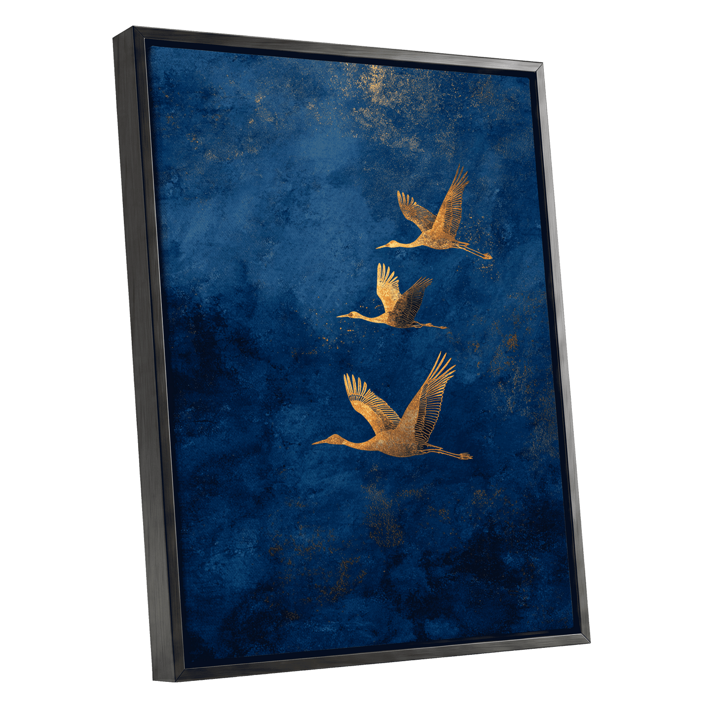 Gilded Flight, blue, gold, orange nature wall art shown as a black framed canvas wall art