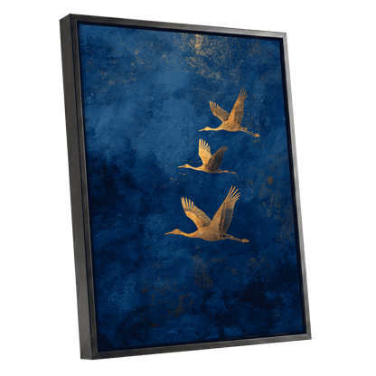 Gilded Flight, blue, gold, orange nature wall art shown as a black framed canvas wall art