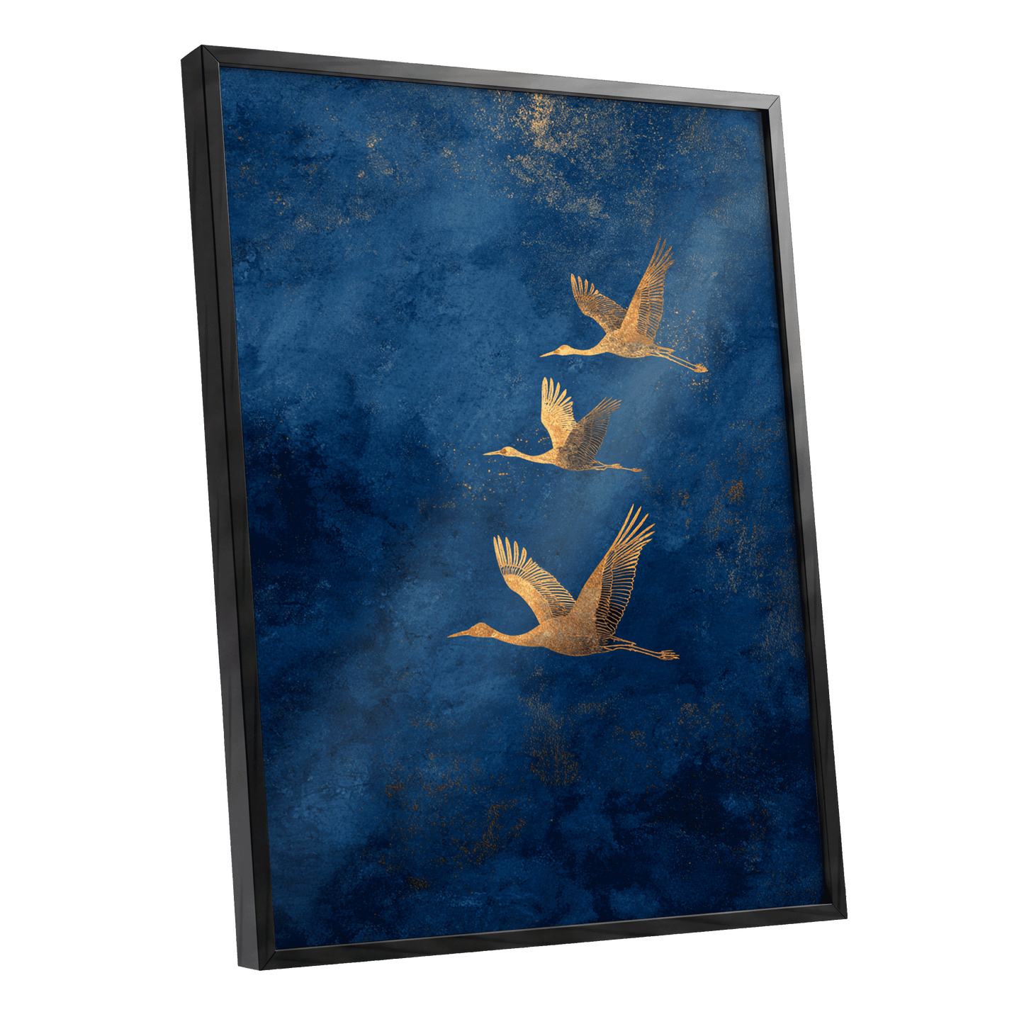Gilded Flight, blue, gold, orange nature wall art shown as a black framed poster wall art print